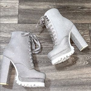 Liliana Grey Rhinestone Lace Up Chunky Heel Bootie